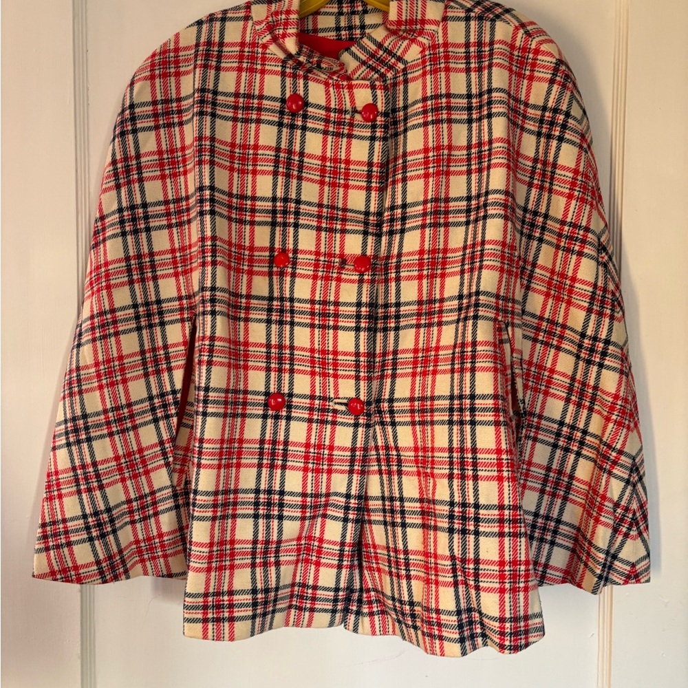 Unique Vintage Red and Cream Plaid Cape